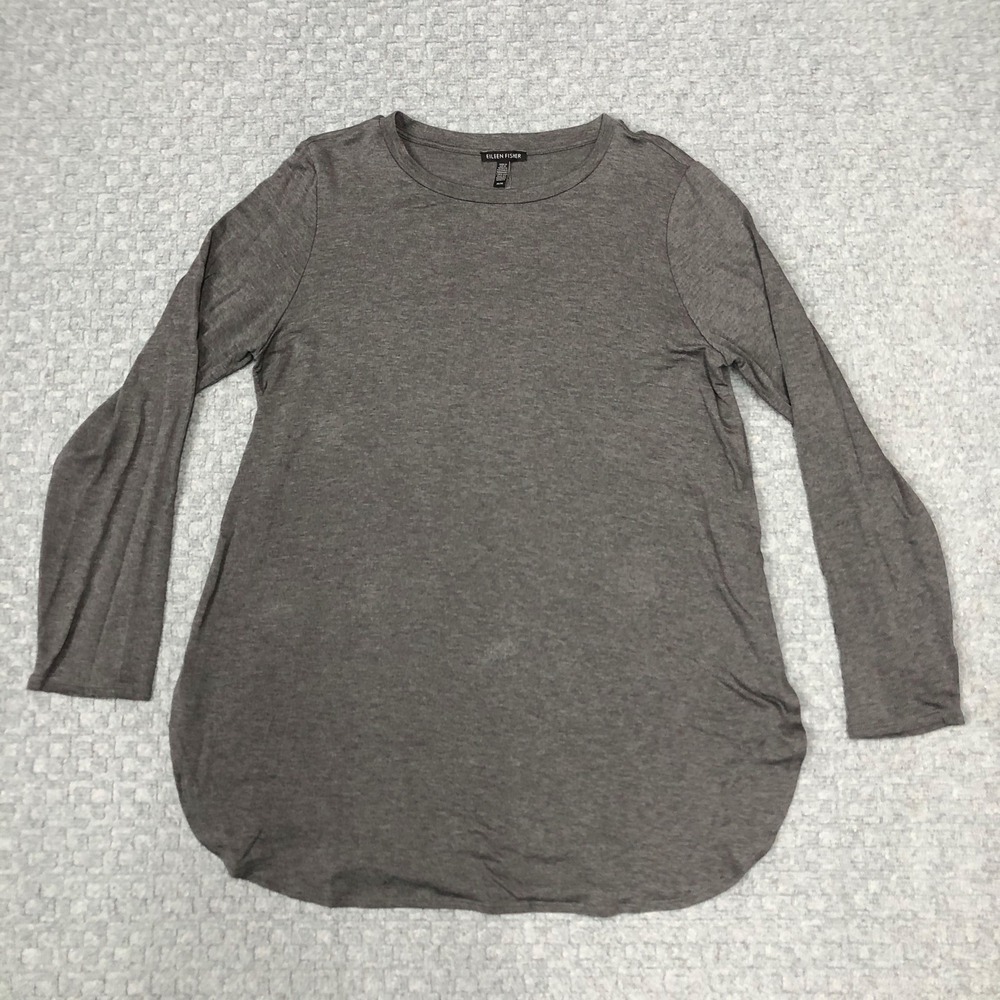 Eileen Fisher Shirt Womens Medium Gray Long Sleeve Tencel Blend Tunic Made USA